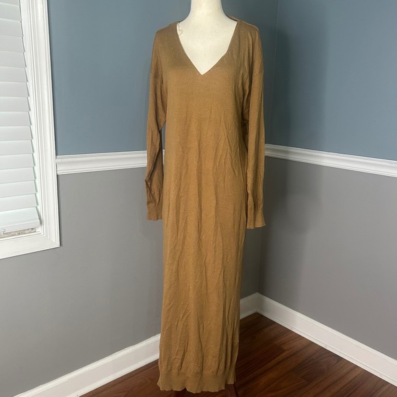 Stitchdrop Knit Sweater Dress Long Sleeve V-Neck Casual Maxi Dress L‎